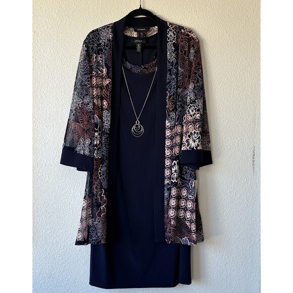 R&M Richards Puff Print Jacket and Dress Set Blue Floral Women's Size 16 - Picture 1 of 14